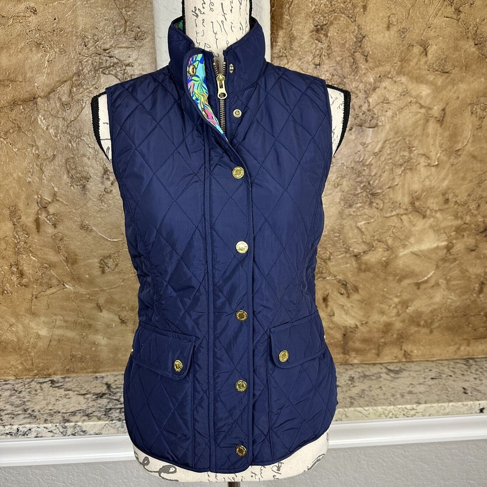 Lilly Pulitzer Getaway Quilted Vest Women XS Navy Blue Full Zip Snap Lightweight